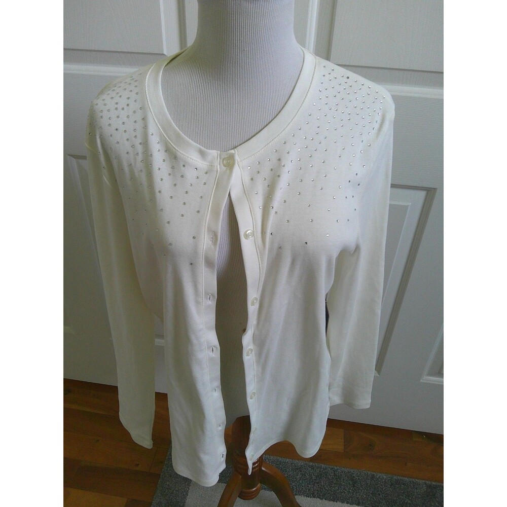 NWT Pretty Rafaella  Off White Cardigan Sweater Shimmering Sequins    LARGE